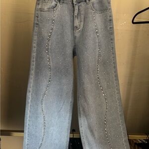 Light Wash Rhinestone-Trim Wide Leg Jeans - Women